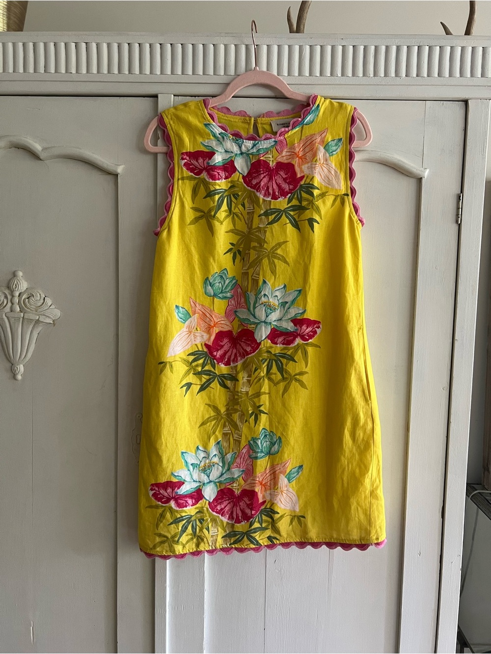 NWT Elizabeth James The Label Ellie Tropicsl Bamboo Yellow Floral Ric Rac Dress